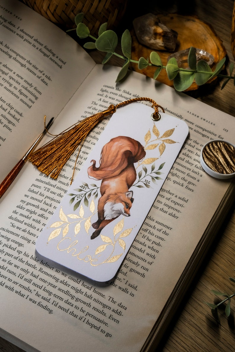 Personalized fox bookmark with tassel, personalized gifts for book lovers, watercolour fox art bookmark, bookmark with name, book worm gift zdjęcie 3