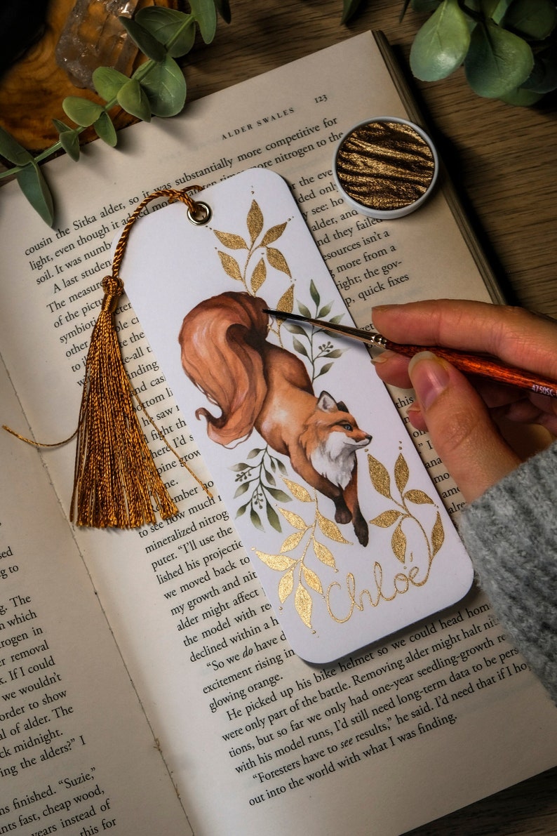 Personalized fox bookmark with tassel, personalized gifts for book lovers, watercolour fox art bookmark, bookmark with name, book worm gift zdjęcie 1