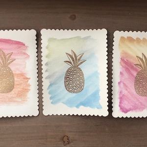 Set di 3 cartoline con ananas in rilievo ad acquerello e a caldo - biglietto di auguri vuoto sul retro/grazie/mi manchi/guarisci presto/buona festa del papà
