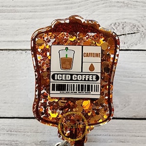 Bobine d&#39;insigne de poche de sang au café glacé, porte-badge, enrouleur d&#39;insigne d&#39;allaitement, soins de santé, enrouleur de badge drôle, humour au travail, latte, caféine