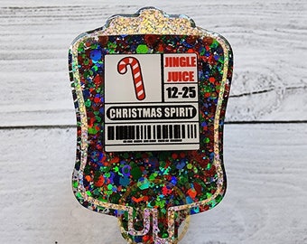 Jingle Juice Blood Bag Badge Reel, Christmas Lights, Holographic Silver