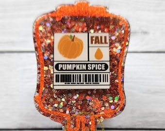 Pumpkin Spice Blood Bag Badge Reel, Holographic Fall Badge Holder