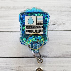Medical Student Tears Badge Reel: Chunky Blue Glitter, Funny Gift