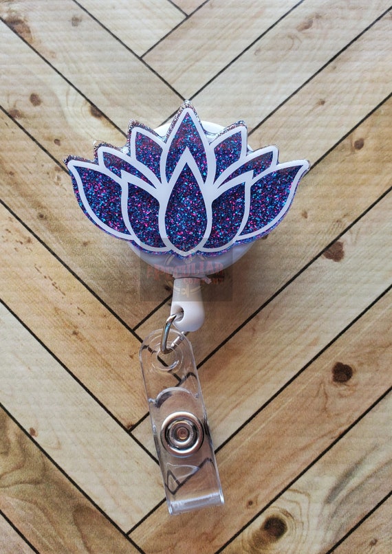 Glitter Lotus Flower Badge Reel, Badge Holder, Healthcare Badge