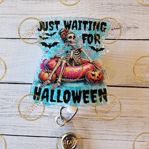 Waiting for Halloween Badge Reel, Skeleton, Pumpkins, spooky season, Seasonal badge holder, Halloween badge reel, Fall badge reel, RN badge