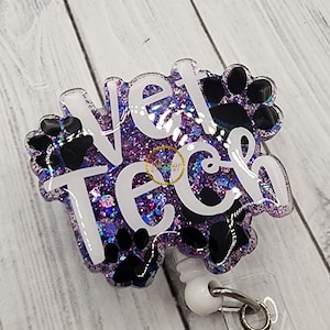 Vet Tech Badge Reel: Paw Prints, Glitter Acrylic, Animal Clinic