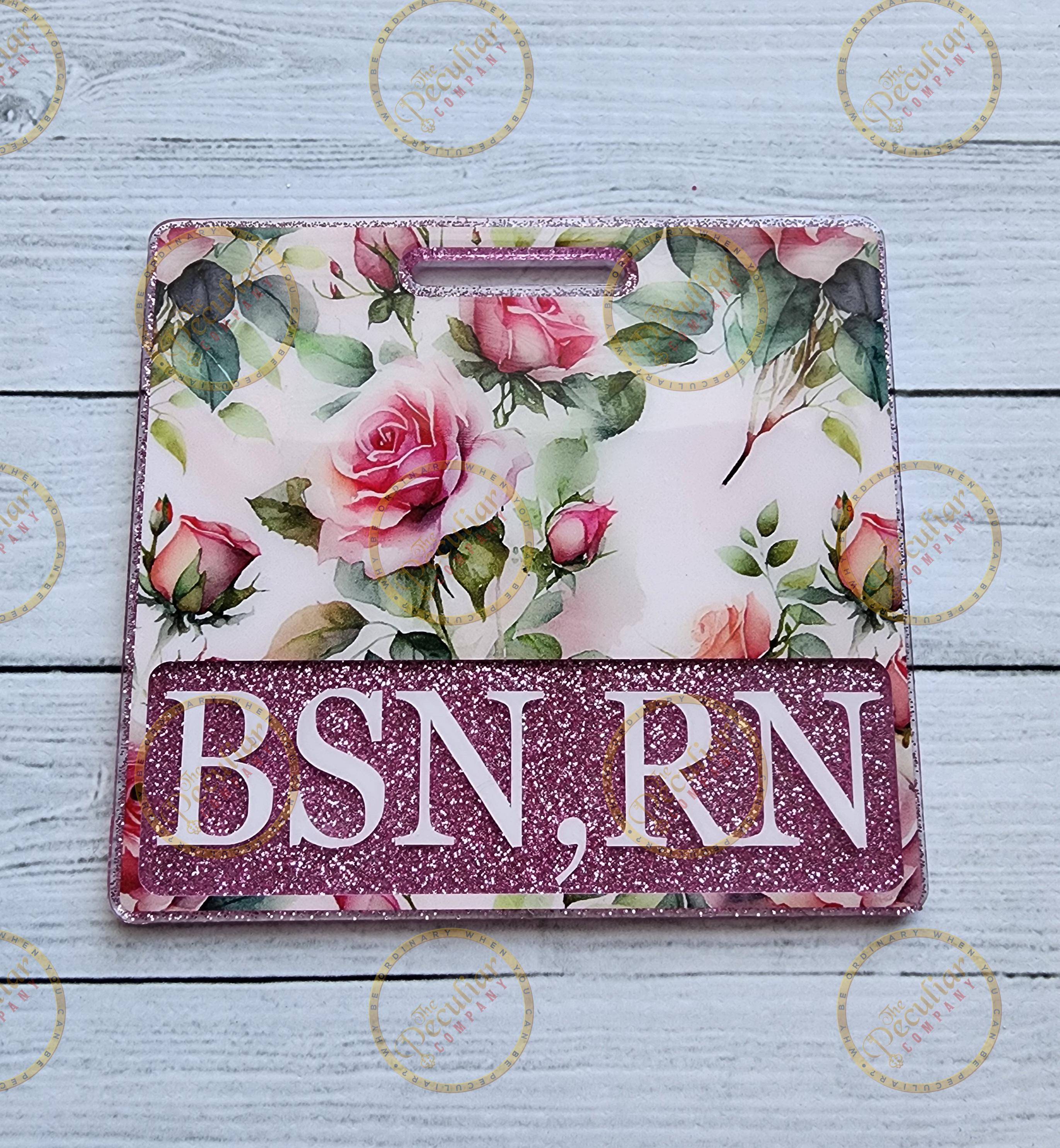 Vivid Pink Roses Badge Buddy, Badge backer, Badge card, credentials, RN, MSN, BSN, Custom Badge, Work badge, Nurses, birthday, spring badge