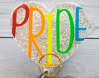Heart Pride Badge Reel: Rainbow Glitter Acrylic Badge Holder