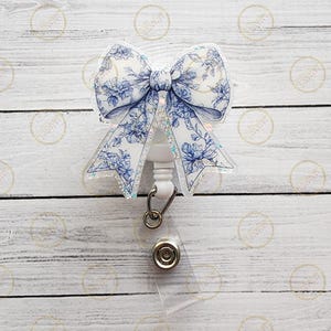 Blue Roses Bow Badge Reel: Holographic Glitter Nurse Badge Holder