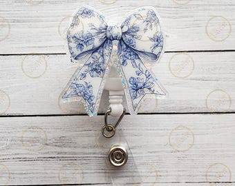 Blue Roses Bow Badge Reel: Holographic Glitter Nurse Badge Holder
