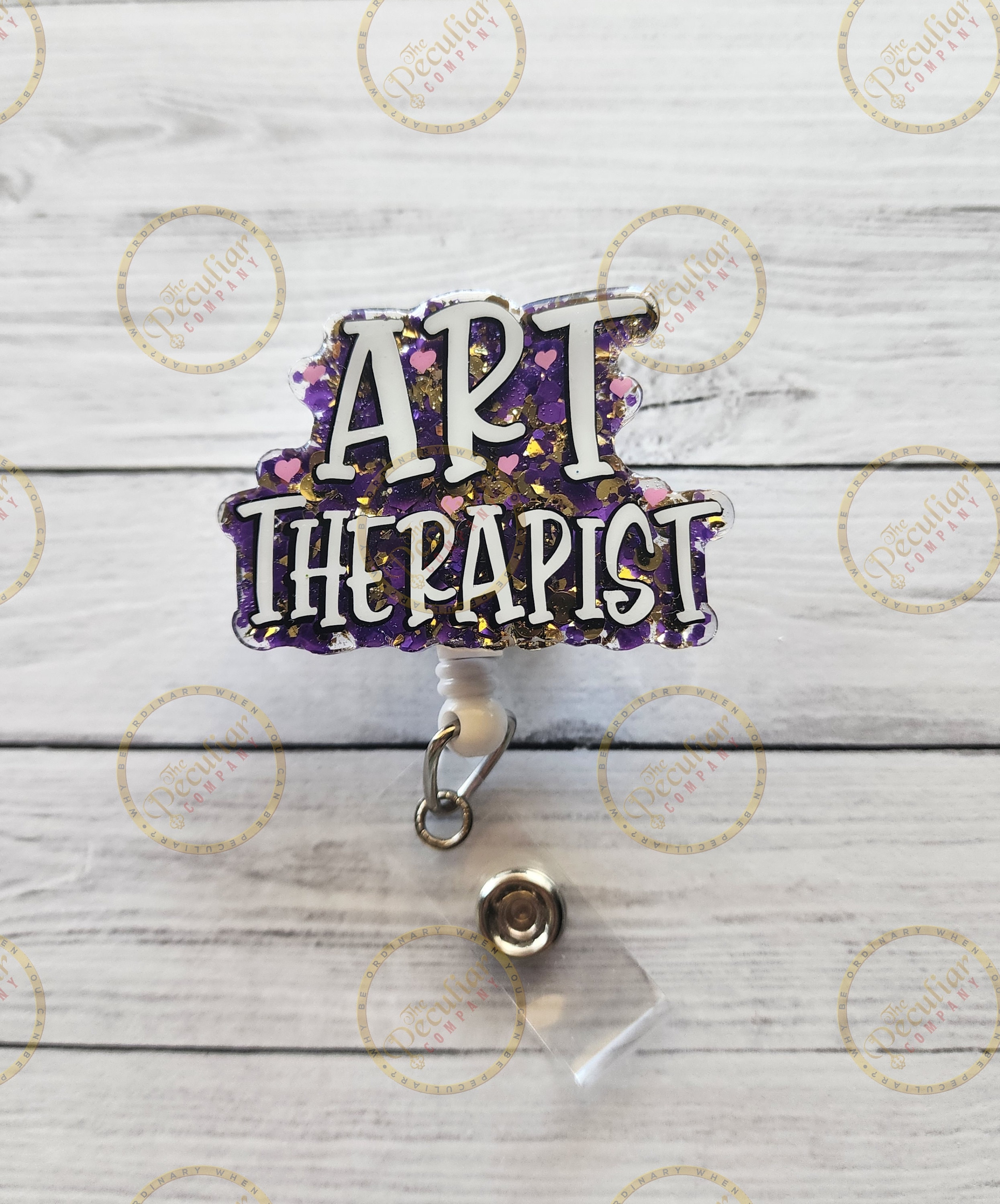 Art Therapist Badge Reel: Glitter Acrylic, Pink Hearts