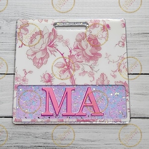 Pink Roses Floral Badge Buddy: Mother of Pearl Glitter, Nurse Badge