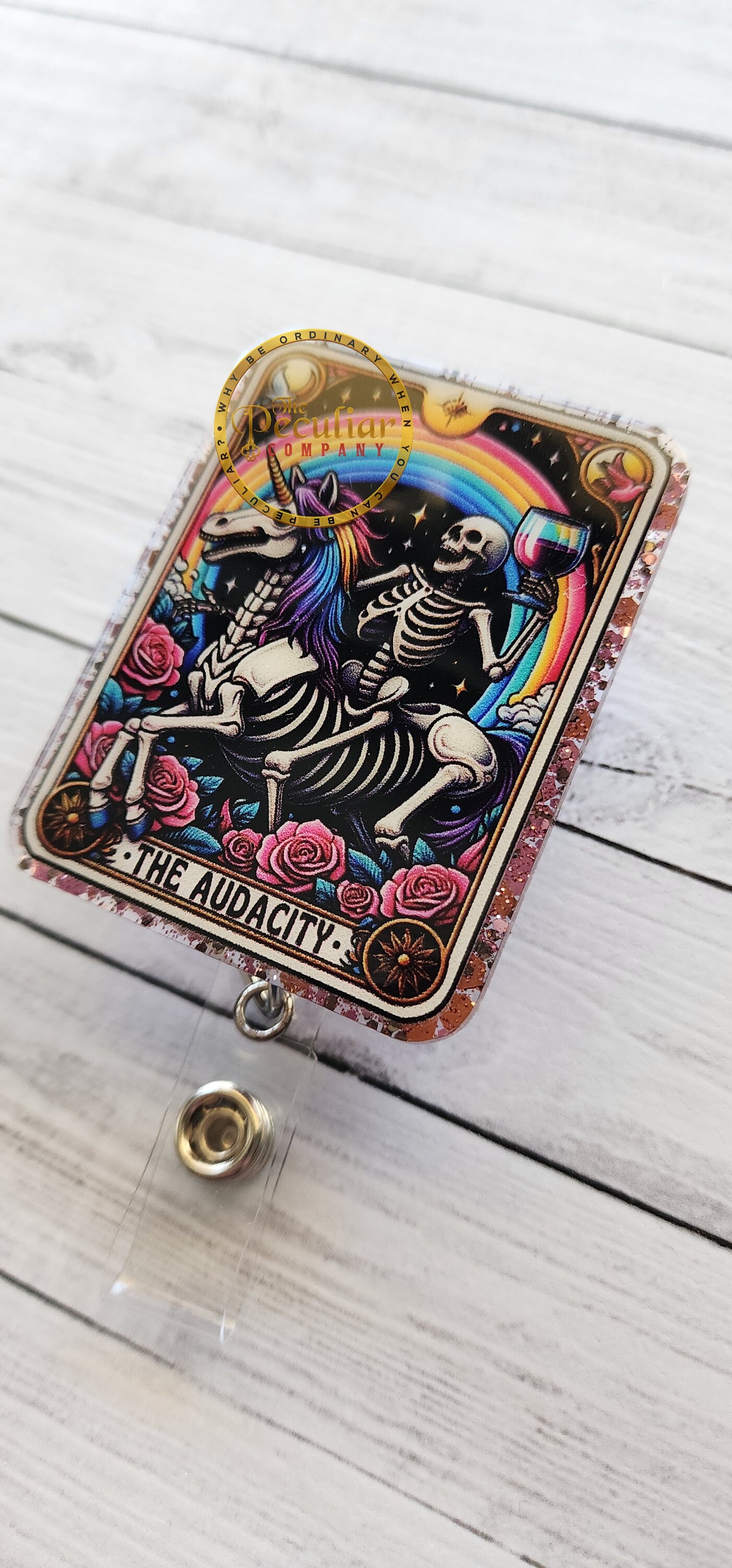 The Audacity Tarot Card Badge Reel: Skeleton Unicorn, Rose Gold - Etsy