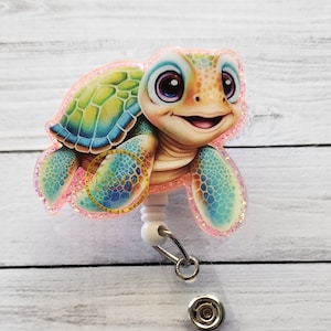 Happy Turtle Badge Reel: Glitter Acrylic Alligator Clip