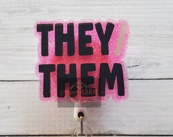 They/Them Pronoun Glitter Badge Reel: Handmade Acrylic Identity Accessory