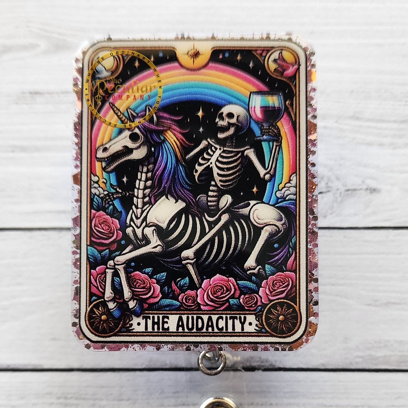 The Audacity Tarot Card Badge Reel: Skeleton Unicorn, Rose Gold - Etsy