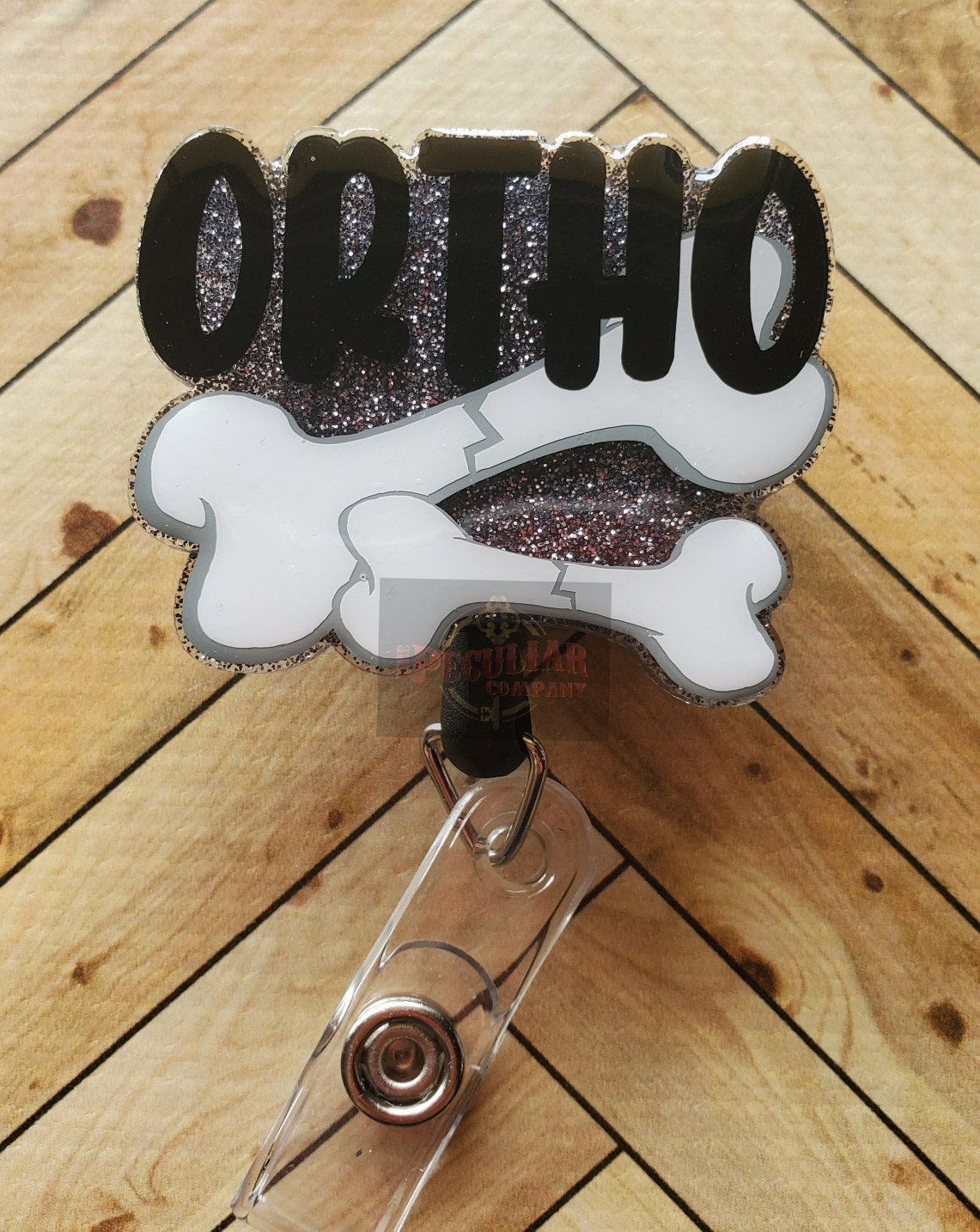 Ortho Badge Reel: Glitter Acrylic, Alligator Clip - Handmade