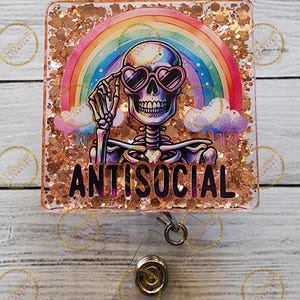 Antisocial Badge Reel, Rainbow badge, badge holder, Funny badge reel, Skeleton badge, Halloween badge holder, gift ideas