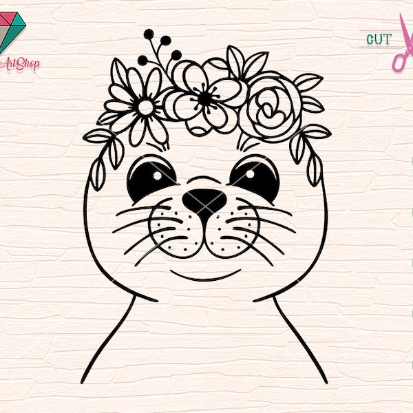 Baby Seal SVG, Flower Crown SVG, Baby Seal  cut file, Animal Floral Crown,  Baby Seal  with Flowers on Head