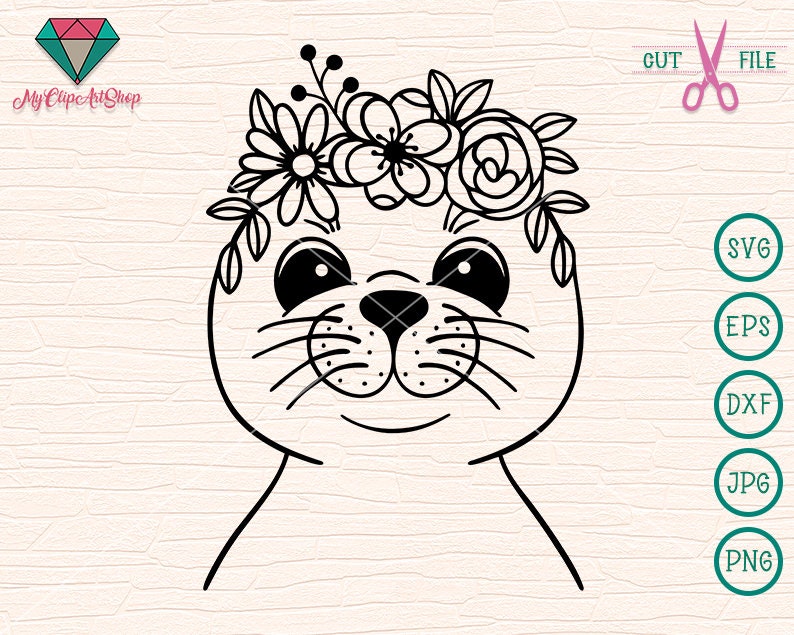 Baby Seal SVG, Flower Crown SVG, Baby Seal cut file, Animal Floral Crown, Baby Seal with Flowers on Head image 1