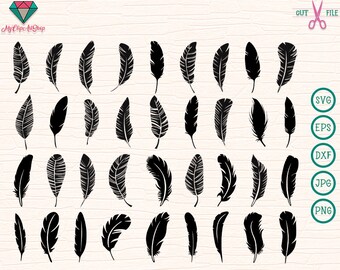 36 x Feathers Svg, Feathers clipart, Cuttable feathers, Feather png, vinyl cut files, Stencil, Feather silhouette files, iron on files