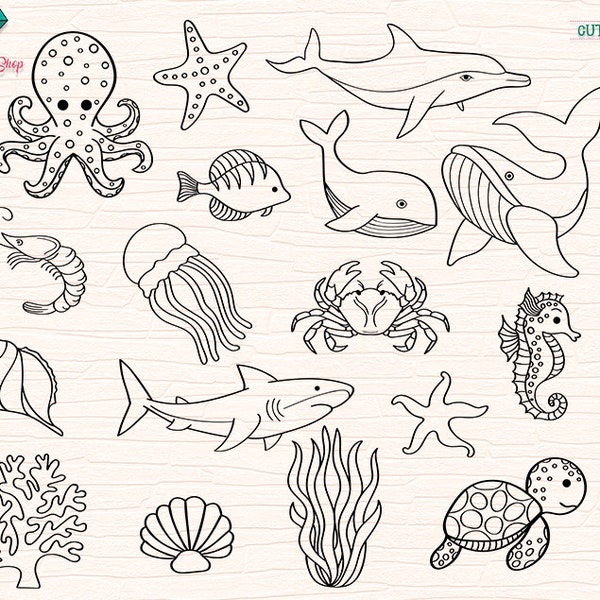 Sea Animals Bundle SVG, Cut File Bundle, Sea Animals Outlines, Ocean, Starfish, Dolphin, Turtle, Octopus, Shell, Cricut, Cameo