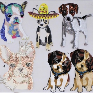 May include: Set of 6 colorful iron-on patches featuring different breeds of dogs. The patches are made of sequins and feature a variety of colors, including blue, green, pink, yellow, brown, and white. The patches are perfect for adding a touch of personality to clothing, bags, or other accessories.