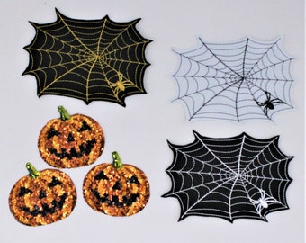 Stickerei und Pailletten Kürbisse und schwarz, Gold und weiß Spinne in Spinne Web Patches für Halloween - Schiffe aus den USA