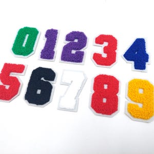 May include: Ten iron-on patches featuring the numbers 0 through 9 in various colors. The patches are made of a fuzzy, textured material and have a white outline.
