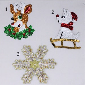 Sequin Christmas Patches Snowflake Deer and Puppy on Sleigh- Ships from USA