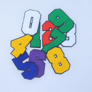 May include: A set of colorful felt patches shaped like numbers. The patches are in various colors, including yellow, green, blue, purple, red, and white. The numbers are 1, 2, 3, 4, 5, 6, 7, 8, and 0.