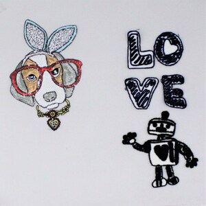 May include: A white background with three black embroidered patches. The patches spell out the word "LOVE" in a whimsical font. There is also a black embroidered robot with a heart on its chest. A white dog with red glasses and a blue bow is also embroidered on the background.