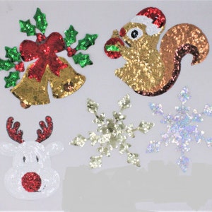Sequin Christmas Patches Bells, Squirrel, Deer, Snowflakes - Ships from USA