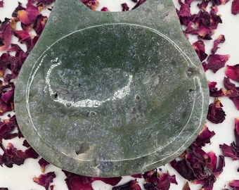 Moss Agate Crystal Cat Head Dish/Bowl #1, #2