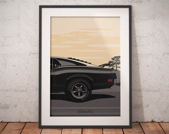 Lámina artística del Ford Mustang Mach 1 de 1970 - Póster clásico de coche deportivo americano - Decoración minimalista para la pared del garaje y regalo para los entusiastas del Mustang