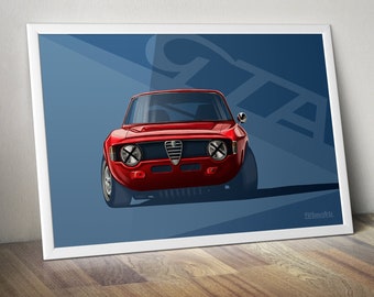 Lámina artística del Alfa Romeo Giulia GTA de 1965 - Póster de carreras clásico italiano - Decoración minimalista para garaje y regalo para entusiastas de Alfa Romeo