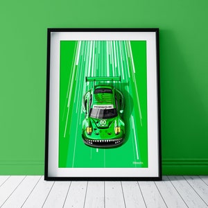 Porsche 911 RSR REXY race car print. Illustration of the Porsche 911 iconic livery. Top quality art on museum grade matte paper.