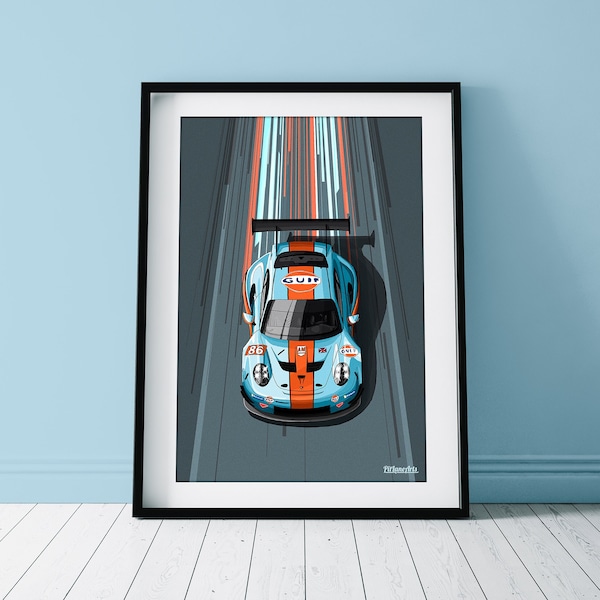 Porsche 911 RSR Gulf Racing – plakat z kultowym Le Mans Motorsport – minimalistyczna dekoracja ścienna do garażu i prezent dla entuzjastów Porsche