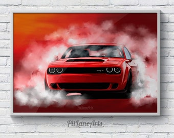 Lámina artística Dodge Challenger SRT Demon Burnout - Póster moderno de muscle car americano - Decoración de pared para garaje y regalo para fans de Mopar