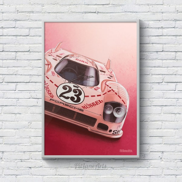917 Pink Pig Classic Le Mans Race Car Illustration, Voiture de course classique, art automobile, dessin de voiture. Papier mat de qualité supérieure.