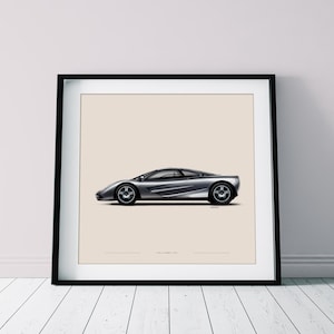 McLaren F1 grigia. Illustrazione dell'auto unica. Illustrazione fatta a mano dalla vista laterale della McLaren. Arte automobilistica. Arte automobilistica unica.
