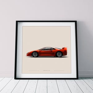 Ferrari F40 vista di profilo. Illustrazione unica di auto. Illustrazione fatta a mano di Ferrari vista laterale. Arte automobilistica. Arte automobilistica unica.
