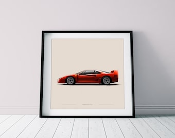 Ferrari F40 Art Print - Hand-Drawn Italian Supercar Poster - Minimalist Garage Wall Decor & Gift for Car Enthusiasts