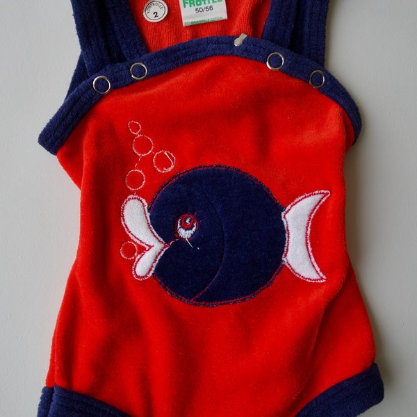 Authentic 1970s new old stock never used baby newborn onesie body bodysuit red blue fish velvet cloth frottee stretch size 50 56 2 3 months