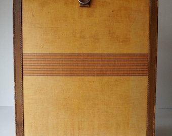 Good condition Pioneer Britain hard shell suitcase vintage travel nostalgic luggage home decoration straw yellow leather trim 1950s 1960s