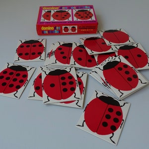 Juego de dominó de mariquita francesa, 100 % completo, cartón, juguete vintage de los años 70, caja con gráficos de mediados de siglo, estilo retro de los años setenta