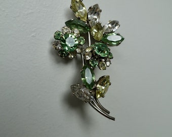 Brooch flower fountain crystals glass stones silver art deco fancy custome jewelry