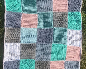 One of a kind "BY YVONNE" handmade bedsheet crochet bedspread throw colorful pastels rectangular new greens pink check checker grey