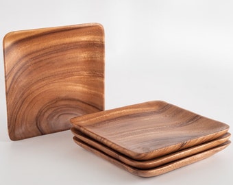 Contemporary Square Acacia Wood Plate / Chargers (Set of 4): 7" Handmade Modern Style Eco-Friendly Sustainably Made Kitchen & Dinnerware