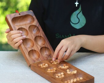 Wooden Mancala Board Game with 70 balls (Travel Set) For Parties Family Game Brain Teaser Strategy Puzzle for Brain Training Tabletop Indoor